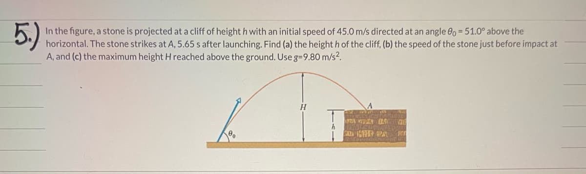 5.)
In the figure, a stone is projected at a cliff of height h with an initial speed of 45.0 m/s directed at an angle 0o = 51.0° above the
horizontal. The stone strikes at A, 5.65 s after launching. Find (a) the height h of the cliff, (b) the speed of the stone just before impact at
A, and (c) the maximum height H reached above the ground. Use g=9.80 m/s².
ONDA RIN BAY CZUP
CAYA MTHE PLAY
RE