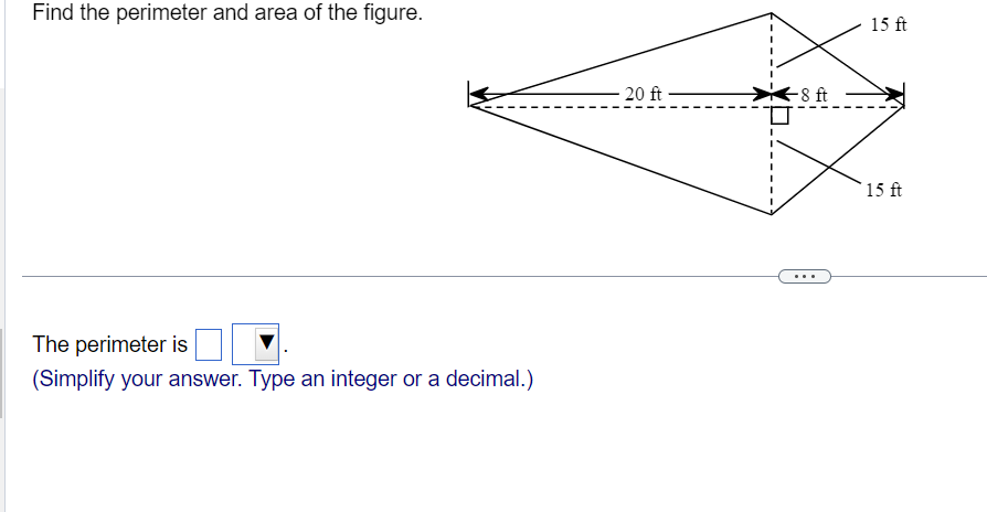 Find the perimeter and area of the figure.
The perimeter is
(Simplify your answer. Type an integer or a decimal.)
20 ft
-8 ft
15 ft
15 ft