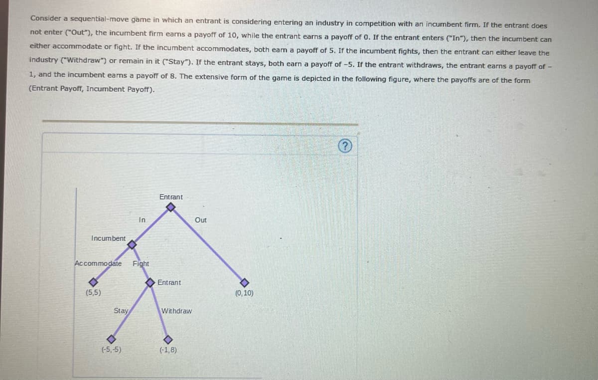 Consider a sequential-move game in which an entrant is considering entering an industry in competition with an incumbent firm. If the entrant does
not enter ("Out"), the incumbent firm earms a payoff of 10, while the entrant earns a payoff of 0. If the entrant enters ("In"), then the incumbent can
either accommodate or fight. If the incumbent accommodates, both eamn a payoff of 5. If the incumbent fights, then the entrant can either leave the
industry ("Withdraw") or remain in it ("Stay"). If the entrant stays, both earn a payoff of -5. If the entrant withdraws, the entrant earns a payoff of -
1, and the incumbent earms a payoff of 8. The extensive form of the game is depicted in the following figure, where the payoffs are of the form
(Entrant Payoff, Incumbent Payoff).
Entrant
In
Out
Incumbent
Accommodate
Fight
O Entrant
(5,5)
(0,10)
Stay
Withdraw
(-5,-5)
(-1,8)
