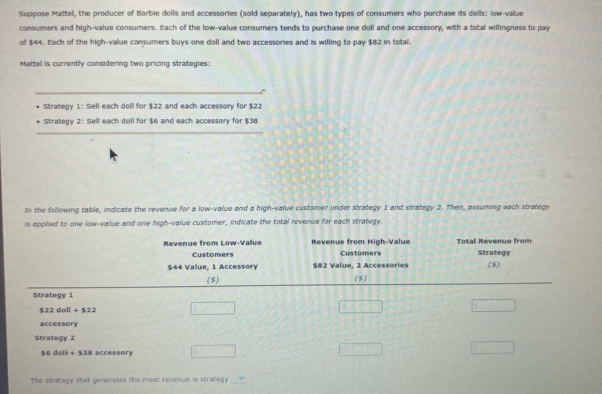 Suppose Mattel, the producer of Barble dolls and accessorles (sold separately), has two types of consumers who purchase Its dolls: low-value
consumers and high-value consumers. Each of the low-value consumers tends to purchase one doll and one accessory, with a total willingness to pay
of $44. Each of the high-value consumers buys one doll and two accessorles and Is willing to pay $82 In total.
Mattel Is currently considering two pricing strategles:
• Strategy 1: Sell each doll for $22 and each accessory for $22
• Strategy 2: Sell each doll for $6 and each accessory for $38
In the following table, Indicate the revenue for a low-value and a high-value customer under strategy I and strategy 2. Then, assuming each strategy
is applied to one low-value and one high-value customer, indicate the total revenue for each strategy.
Revenue from Low-Value
Revenue from High-Value
Total Revenue from
Customers
Customers
Strategy
$44 Value, 1 Accessory
S82 Value, 2 Accessories
(s)
($)
(s)
Strategy 1
$22 doll + $22
accessory
Strategy 2
$6 doll + S38 accessory
The strategy that generates the most revenue is strategy
00
