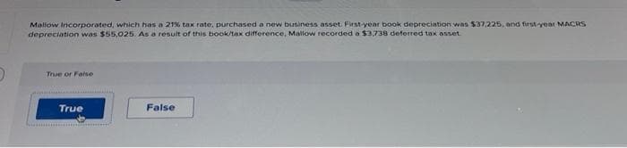 Mallow Incorporated, which has a 21% tax rate, purchased a new business asset. First-year book depreciation was $37,225, and first-year MACRS
depreciation was $55,025. As a result of this book/tax difference, Mallow recorded a $3,738 deferred tax asset.
True or False
True
False