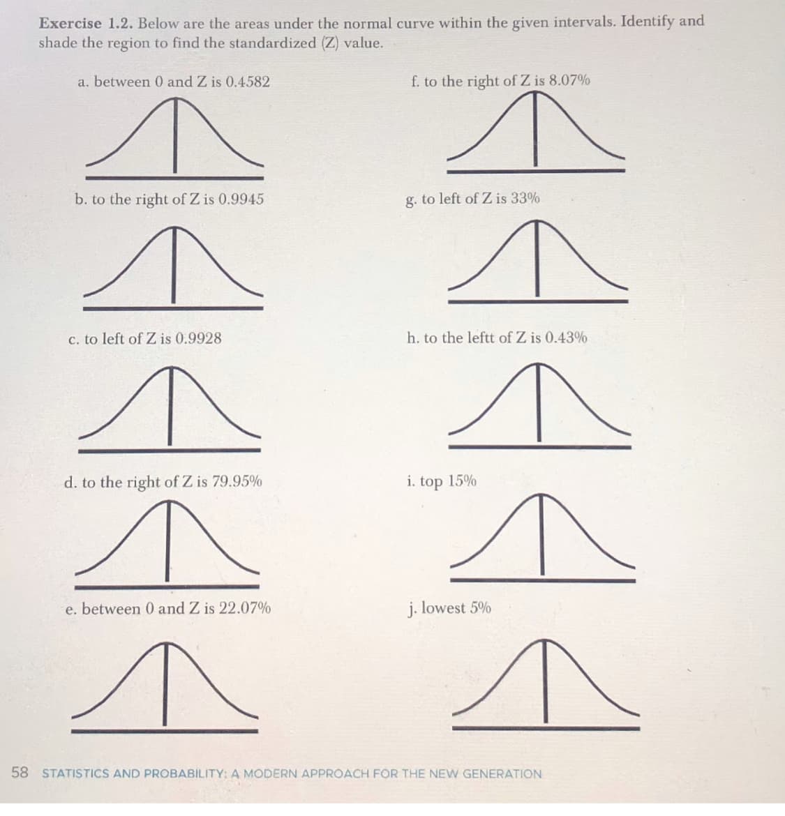 Exercise 1.2. Below are the areas under the normal curve within the given intervals. Identify and
shade the region to find the standardized (Z) value.
a. between 0 and Z is 0.4582
b. to the right of Z is 0.9945
c. to left of Z is 0.9928
d. to the right of Z is 79.95%
e. between 0 and Z is 22.07%
f. to the right of Z is 8.07%
^
g. to left of Z is 33%
^
h. to the leftt of Z is 0.43%
i. top 15%
j. lowest 5%
58 STATISTICS AND PROBABILITY: A MODERN APPROACH FOR THE NEW GENERATION