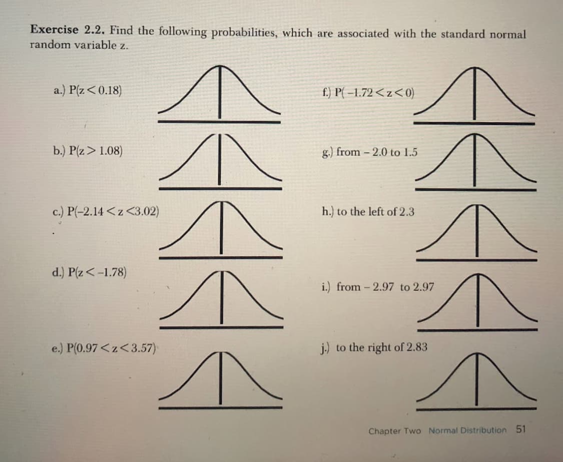 Exercise 2.2. Find the following probabilities, which are associated with the standard normal
random variable z.
a.) P(Z <0.18)
b.) P(Z > 1.08)
c.) P(-2.14<z <3.02)
d.) P(Z < -1.78)
44444
e.) P(0.97<z<3.57)
f.) P(-1.72<z<0)
g.) from -2.0 to 1.5
h.) to the left of 2.3
i.) from -2.97 to 2.97
j.) to the right of 2.83
↑
Chapter Two Normal Distribution 51