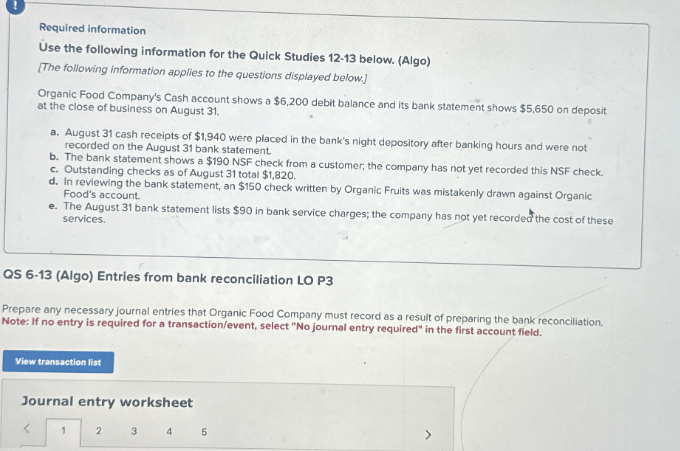 Required information
Use the following information for the Quick Studies 12-13 below. (Algo)
[The following information applies to the questions displayed below.)
Organic Food Company's Cash account shows a $6,200 debit balance and its bank statement shows $5,650 on deposit
at the close of business on August 31.
a. August 31 cash receipts of $1,940 were placed in the bank's night depository after banking hours and were not
recorded on the August 31 bank statement.
b. The bank statement shows a $190 NSF check from a customer, the company has not yet recorded this NSF check.
c. Outstanding checks as of August 31 total $1,820.
d. In reviewing the bank statement, an $150 check written by Organic Fruits was mistakenly drawn against Organic
Food's account.
e. The August 31 bank statement lists $90 in bank service charges; the company has not yet recorded the cost of these
services.
QS 6-13 (Algo) Entries from bank reconciliation LO P3
Prepare any necessary journal entries that Organic Food Company must record as a result of preparing the bank reconciliation.
Note: If no entry is required for a transaction/event, select "No journal entry required" in the first account field.
View transaction list
Journal entry worksheet
2 3 4 5
1