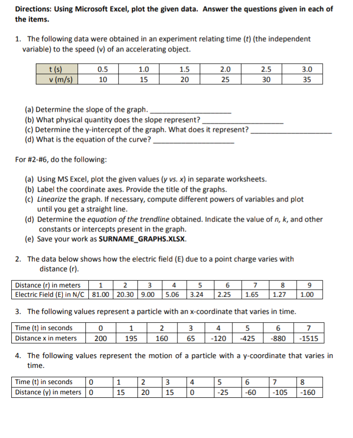 Directions: Using Microsoft Excel, plot the given data. Answer the questions given in each of
the items.
1. The following data were obtained in an experiment relating time (t) (the independent
variable) to the speed (v) of an accelerating object.
2.5
3.0
t (s)
v (m/s)
0.5
1.0
1.5
2.0
10
15
20
25
30
35
(a) Determine the slope of the graph.
(b) What physical quantity does the slope represent?
(c) Determine the y-intercept of the graph. What does it represent?
(d) What is the equation of the curve?.
For #2-#6, do the following:
(a) Using MS Excel, plot the given values (y vs. x) in separate worksheets.
(b) Label the coordinate axes. Provide the title of the graphs.
(c) Linearize the graph. If necessary, compute different powers of variables and plot
until you get a straight line.
(d) Determine the equation of the trendline obtained. Indicate the value of n, k, and other
constants or intercepts present in the graph.
(e) Save your work as SURNAME_GRAPHS.XLSX.
2. The data below shows how the electric field (E) due to a point charge varies with
distance (r).
1 | 2 | 3 4 | 5
6 7 | 8| 9
1.27
Distance (r) in meters
Electric Field (E) in N/C | 81.00 20.30 9.00 5.06
3.24
1.65
2.25
1.00
3. The following values represent a particle with an x-coordinate that varies in time.
Time (t) in seconds
1
2
3
4
5
200
195
65
-120
Distance x in meters
160
-425
-880
-1515
4. The following values represent the motion of a particle with a y-coordinate that varies in
time.
Time (t) in seconds
| 0
Distance (y) in meters 0
2
3
5
8
1
4
15
20
15
-25
-60
-105
-160
