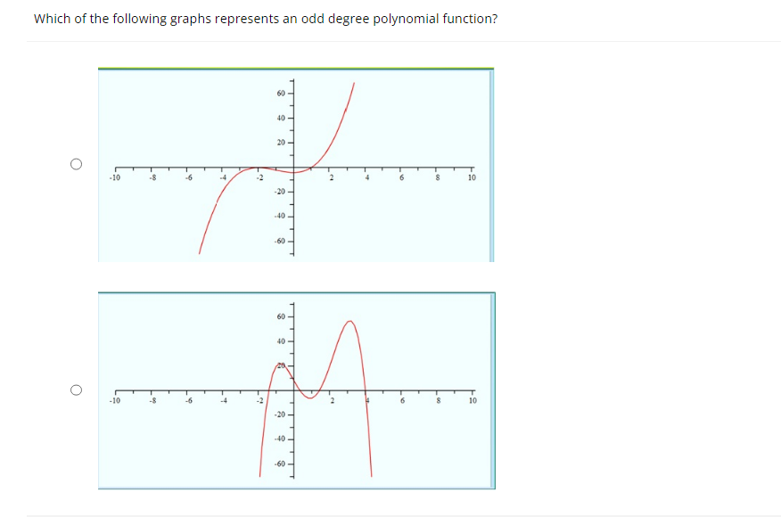 Which of the following graphs represents an odd degree polynomial function?
-10
-10
e
60
40
20
8
-40
-60
60
40
-20
-40
-60-
8
T
10
10