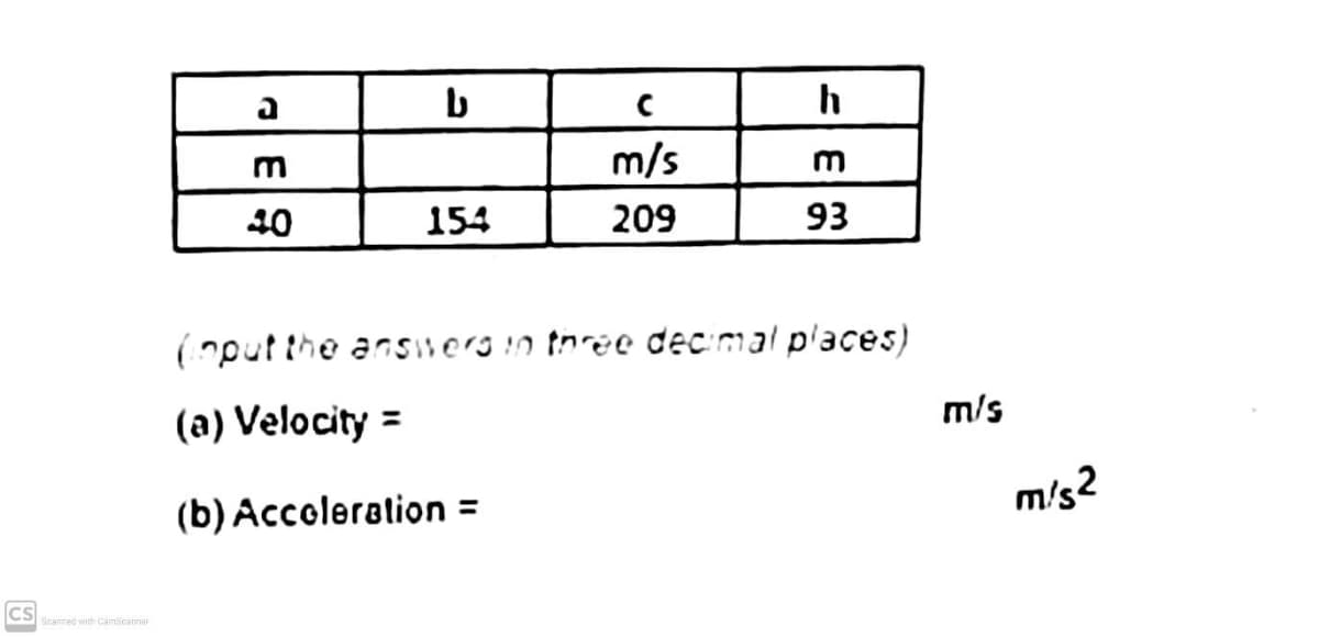 a
m/s
40
154
209
93
(put the ansiverg in tnree dec mal p'aces)
(a) Velocity =
m/s
%3D
(b) Accoleration =
m/s2
CS
Stanned with Camscannar
