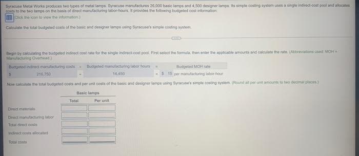 Syracune Metal Works produces two types of metal lamps. Syracuse manufactures 26.000 basic lamps and 4,500 designer larmps. ts simple costing systom uses a single indiroct-cont pool and allocotos
nosts to the two lamps on the basis of direct manufacturing labor-hours t provides the following budgeted cost information:
Cick the icon to view the information.
Calcutate the total budgeted costs of the basic and designer lamps using Syracuse's simpie costing system.
Begin by calculating the budgeted indirect cost rate for the single indirect-cost pool. First select the formula, then enter the applicable amounts and calculate the rate. (Abbrevations used: MOH=
Marufacturing Ovemead)
Budgeted indrect manufacturing costs
Budgeted manulacturing labor hours.
Budgeted MOH rate
$ 15 per manutacturing iabor-hour
216.750
14,450
Now calculate the total budgeted costs and per unit costa of the basic and designer lamps using Syracuse's simple costing system (Round all per unt amounts to two decmal placs
Basic lamps
Total
Per unit
Direct materals
Direct manutacturing labor
Total drect costs
Indirect costs allocated
Total costs
