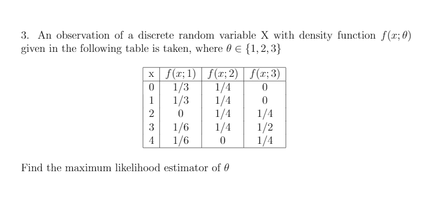 3. An observation of a discrete random variable X with density function f(x; 0)
given in the following table is taken, where 0 E {1,2,3}
x f(x; 1) | f(x; 2) | f(x; 3)
1/4
1/4
1/4
1/4
1/3
1/3
1
1/6
1/6
1/4
1/2
1/4
3
4
Find the maximum likelihood estimator of 0
