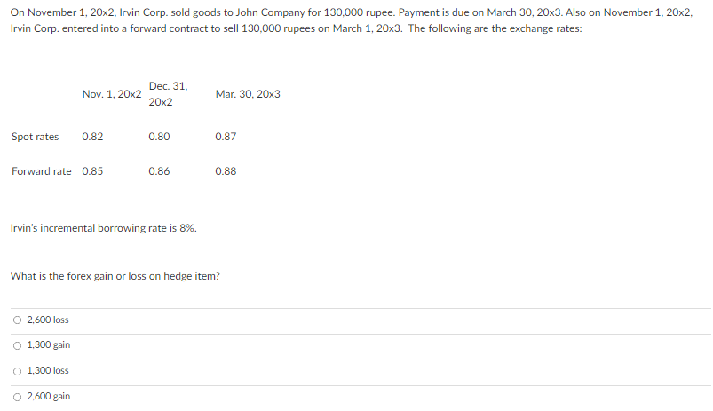 On November 1, 20x2, Irvin Corp. sold goods to John Company for 130,000 rupee. Payment is due on March 30, 20x3. Also on November 1, 20x2,
Irvin Corp. entered into a forward contract to sell 130,000 rupees on March 1, 20x3. The following are the exchange rates:
Dec. 31,
Nov. 1, 20x2
Mar. 30, 20x3
20x2
Spot rates
0.82
0.80
0.87
Forward rate 0.85
0.86
0.88
Irvin's incremental borrowing rate is 8%.
What is the forex gain or loss on hedge item?
2,600 loss
O 1,300 gain
O 1,300 loss
O 2,600 gain
