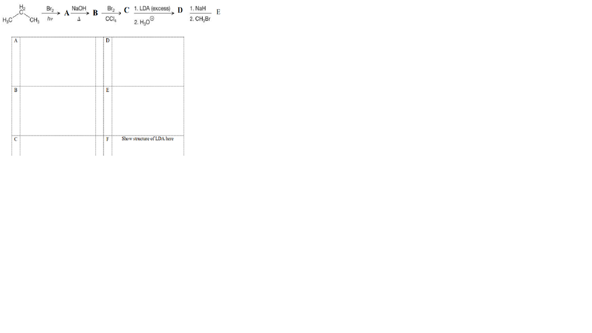 Br2
NaOH
Br2
C 1. LDA (excess)
1. NaH
E
CC,
2. H,0°
2. CH,Br
H3C
CH3
hv
B
E
F
Show structure of LDA here
