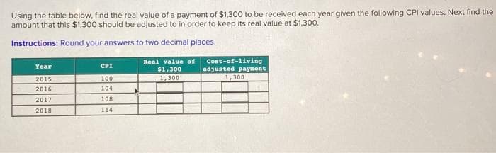 Using the table below, find the real value of a payment of $1,300 to be received each year given the following CPI values. Next find the
amount that this $1,300 should be adjusted to in order to keep its real value at $1,300.
Instructions: Round your answers to two decimal places.
Year
2015
2016
2017
2018
CPI
100
104
108
114
Real value of
$1,300
1,300
Cost-of-living
adjusted payment
1,300