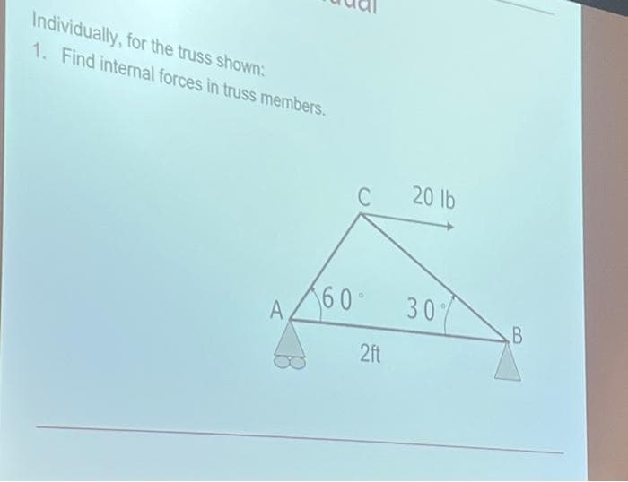 Individually, for the truss shown:
1. Find internal forces in truss members.
A
C
60°
2ft
20 lb
30%
B