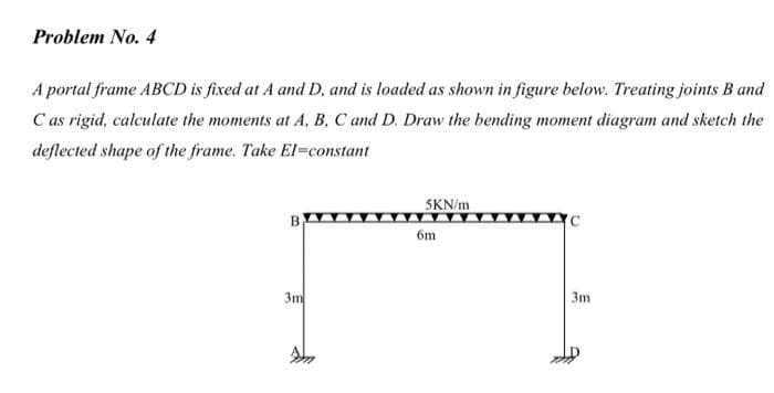 Problem No. 4
A portal frame ABCD is fixed at A and D, and is loaded as shown in figure below. Treating joints B and
C as rigid, calculate the moments at A, B, C and D. Draw the bending moment diagram and sketch the
deflected shape of the frame. Take El-constant
5KN/m
3m
3m
6m