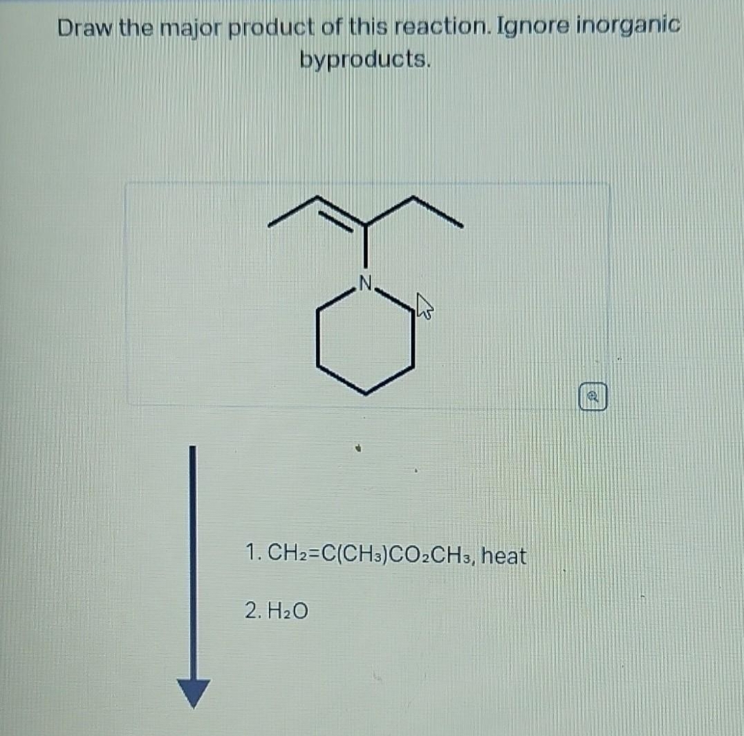 Draw the major product of this reaction. Ignore inorganic
byproducts.
N.
1. CH₂=C(CH3)CO2CH3, heat
2. H₂O