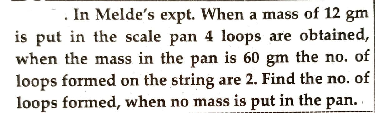 In Melde's expt. When a mass of 12 gm
is put in the scale pan 4 loops are obtained,
when the mass in the pan is 60 gm the no. of
loops formed on the string are 2. Find the no. of
loops formed, when no mass is put in the pan.