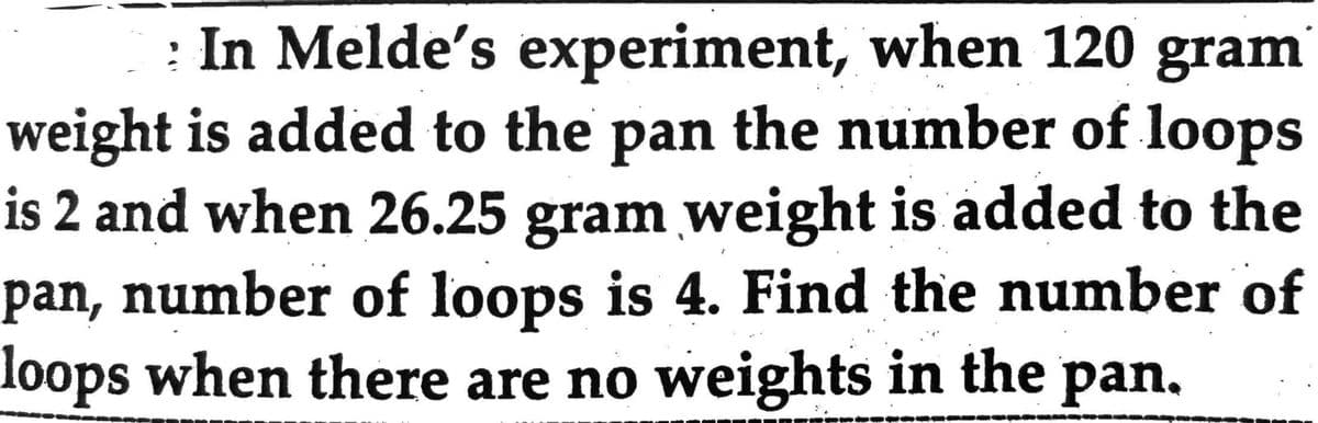 In Melde's experiment, when 120 gram
weight is added to the pan the number of loops
is 2 and when 26.25 gram weight is added to the
pan, number of loops is 4. Find the number of
loops when there are no weights in the pan.