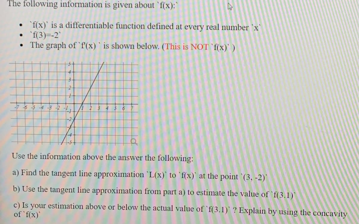 The following information is given about `f(x):`
`f(x)' is a differentiable function defined at every real number 'x
• f(3)=-2
The graph of 'f(x)`is shown below. (This is NOT `f(x)' )
5-
-6
-2
of
Use the information above the answer the following:
a) Find the tangent line approximation `L(x)' to `f(x)` at the point (3, -2)'
b) Use the tangent line approximation from part a) to estimate the value of `f(3.1)`
c) Is your estimation above or below the actual value of `f(3.1)` ? Explain by using the concavity
of 'f(x)
