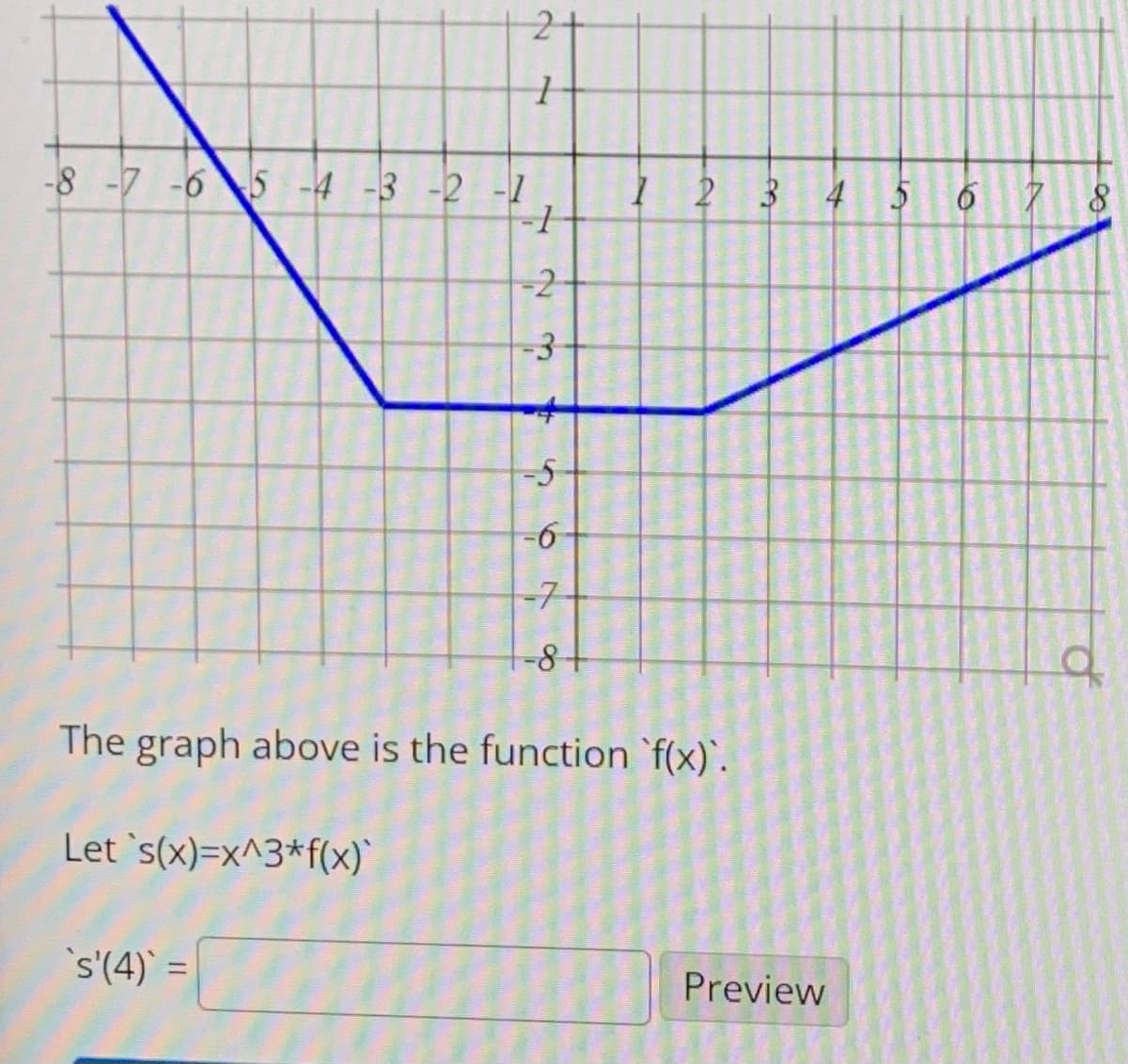 2t
-8 -7 -6 5 -4 -3 -2 -1
I 2 3 4 5 6 7
-2
-3
-5
-7
-8-
The graph above is the function `f(x)'.
Let 's(x)=x^3*f(x)`
's'(4) =
Preview
6
