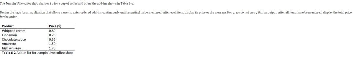 The Jumpin' Jive coffee shop charges $2 for a cup of coffee and offers the add-ins shown in Table 6-2.
Design the logic for an application that allows a user to enter ordered add-ins continuously until a sentinel value is entered. After each item, display its price or the message Sorry, we do not carry that as output. After all items have been entered, display the total price
for the order.
Product
Price ($)
Whipped cream
0.89
Cinnamon
0.25
Chocolate sauce
0.59
Amaretto
1.50
Irish whiskey
Table 6-2 Add-in list for Jumpin' Jive coffee shop
1.75
