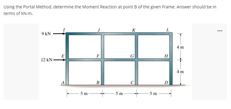 Using the Portal Method, determine the Moment Reaction at point B of the given Frame. Answer should be in
terms of kN-m.
9 kN
12 kN
E
5 m
F
B
5 m
K
G
C
-5m
H
D
4 m
*
4m
...