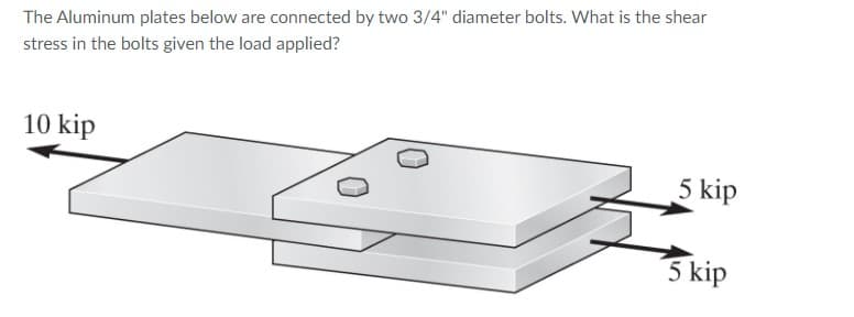 The Aluminum plates below are connected by two 3/4" diameter bolts. What is the shear
stress in the bolts given the load applied?
10 kip
5 kip
5 kip
