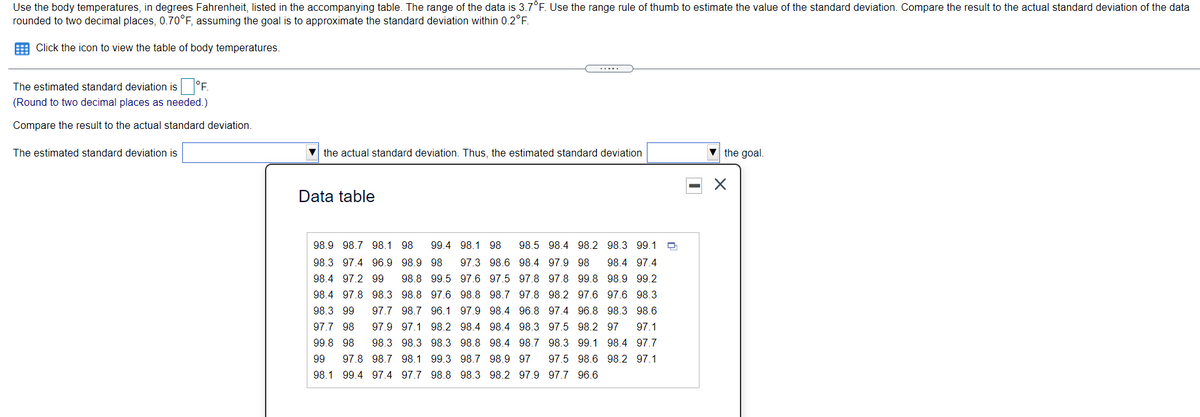 Use the body temperatures, in degrees Fahrenheit, listed in the accompanying table. The range of the data is 3.7°F. Use the range rule of thumb to estimate the value of the standard deviation. Compare the result to the actual standard deviation of the data
rounded to two decimal places, 0.70°F, assuming the goal is to approximate the standard deviation within 0.2°F.
E Click the icon to view the table of body temperatures.
.....
The estimated standard deviation is °F.
(Round to two decimal places as needed.)
Compare the result to the actual standard deviation.
The estimated standard deviation is
V the actual standard deviation. Thus, the estimated standard deviation
v the goal.
Data table
98.9 98.7 98.1
98
99.4 98.1 98
98.5 98.4 98.2
98.3 99.1
98.3 97.4 96.9 98.9 98
97.3 98.6 98.4 97.9 98
98.4 97.4
98.4 97.2 99
98.8 99.5 97.6 97.5 97.8 97.8 99.8 98.9 99.2
98.4 97.8 98.3 98.8 97.6 98.8 98.7 97.8 98.2 97.6
97.6 98.3
98.3 99
97.7 98.7 96.1 97.9 98.4 96.8 97.4 96.8 98.3 98.6
97.7 98
97.9 97.1 98.2 98.4 98.4 98.3 97.5 98.2 97
97.1
99.8 98
98.3 98.3 98.3 98.8 98.4 98.7 98.3 99.1 98.4 97.7
99
97.8 98.7 98.1 99.3 98.7 98.9 97
97.5 98.6 98.2 97.1
98.1 99.4 97.4 97.7 98.8 98.3 98.2 97.9 97.7 96.6
