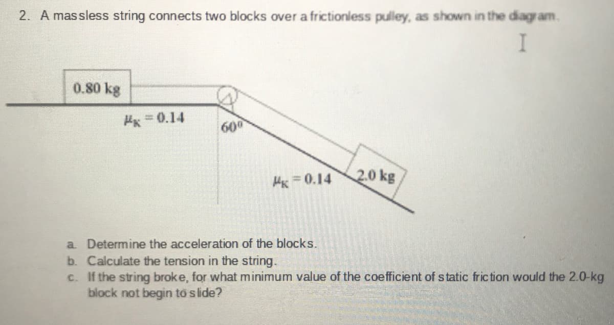 2. A massless string connects two blocks over a frictionless pulley, as shown in the diagram.
I
0.80 kg
Px =0.14
%3D
600
HK = 0.14
20 kg
a Determine the acceleration of the blocks.
b. Calculate the tension in the string.
c. If the string broke, for what minimum value of the coefficient of static friction would the 2.0-kg
block not begin to slide?
