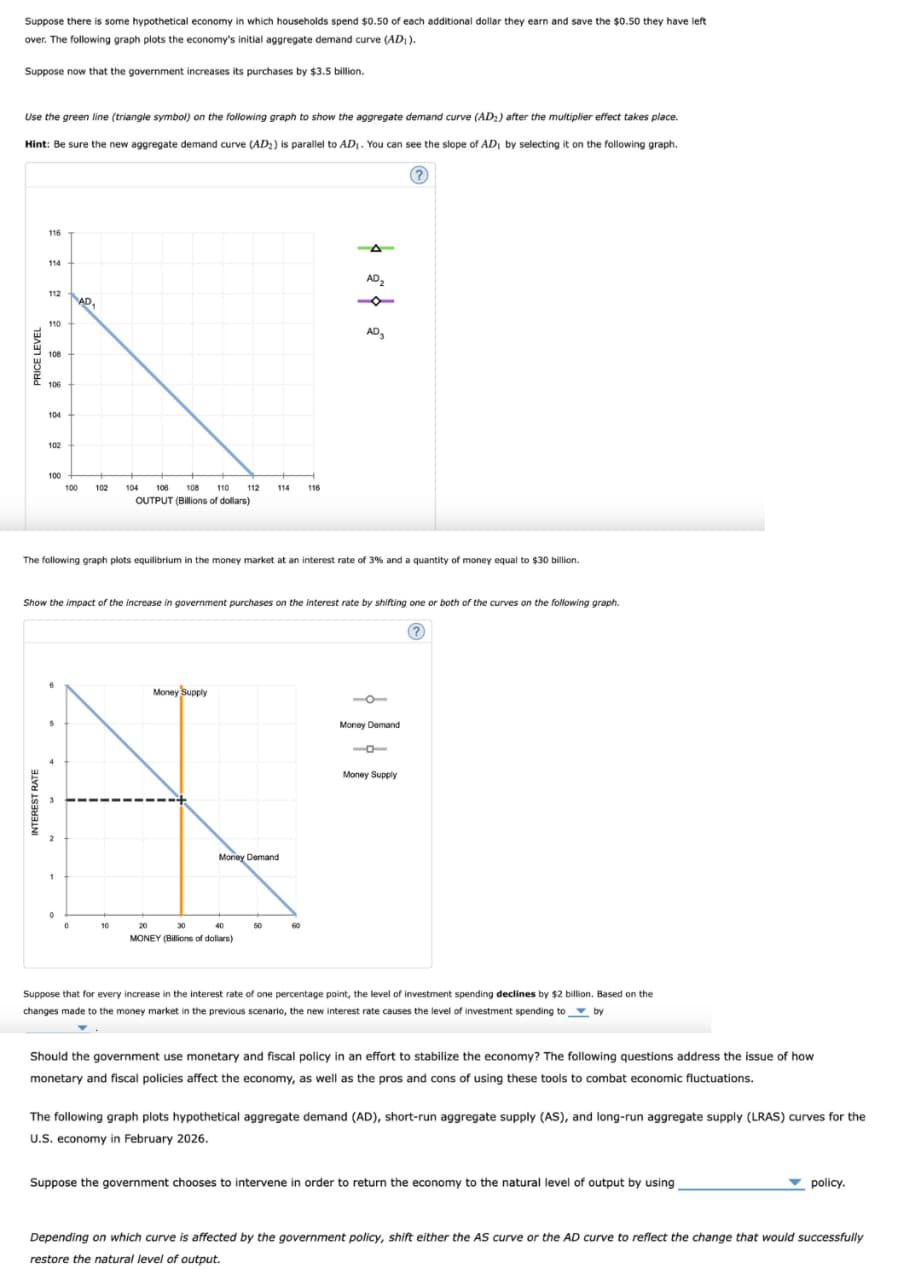 Suppose there is some hypothetical economy in which households spend $0.50 of each additional dollar they earn and save the $0.50 they have left
over. The following graph plots the economy's initial aggregate demand curve (ADI).
Suppose now that the government increases its purchases by $3.5 billion.
Use the green line (triangle symbol) on the following graph to show the aggregate demand curve (AD) after the multiplier effect takes place.
Hint: Be sure the new aggregate demand curve (AD) is parallel to AD₁. You can see the slope of AD, by selecting it on the following graph.
PRICE LEVEL
116
114
112
110
108
106
104
102
AD
100
100
102
104 106 108 110
OUTPUT (Billions of dollars)
112
114
116
AD₂
| |
AD₂
The following graph plots equilibrium in the money market at an interest rate of 3% and a quantity of money equal to $30 billion.
Show the impact of the increase in government purchases on the interest rate by shifting one or both of the curves on the following graph.
Money Supply
Money Demand
Money Demand
10
201
30
40
50
MONEY (Billions of dollars)
一
Money Supply
Suppose that for every increase in the interest rate of one percentage point, the level of investment spending declines by $2 billion. Based on the
changes made to the money market in the previous scenario, the new interest rate causes the level of investment spending to by
Should the government use monetary and fiscal policy in an effort to stabilize the economy? The following questions address the issue of how
monetary and fiscal policies affect the economy, as well as the pros and cons of using these tools to combat economic fluctuations.
The following graph plots hypothetical aggregate demand (AD), short-run aggregate supply (AS), and long-run aggregate supply (LRAS) curves for the
U.S. economy in February 2026.
Suppose the government chooses to intervene in order to return the economy to the natural level of output by using
policy.
Depending on which curve is affected by the government policy, shift either the AS curve or the AD curve to reflect the change that would successfully
restore the natural level of output.