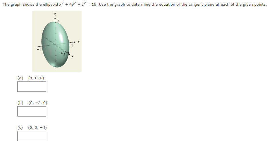 The graph shows the ellipsoid x² + 4y² + z² = 16. Use the graph to determine the equation of the tangent plane at each of the given points.
(a) (4, 0, 0)
(b) (0, -2, 0)
(c) (0, 0, -4)
Z
3