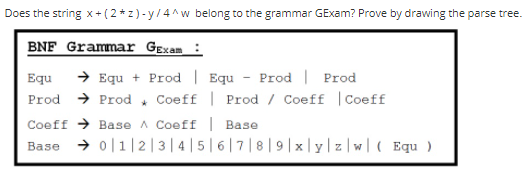 Does the string x+( 2 * z) -y/4^w belong to the grammar GExam? Prove by drawing the parse tree.
BNF Grammar GExam:
> Equ + Prod | Equ - Prod| Prod
→ Prod , Coeff | Prod / Coeff |Coeff
Equ
Prod
Coeff > Base A Coeff | Base
→ o|1|2|3|4 | 5 | 6 |7|8|9|x | y| z|w|( Equ )
Base
