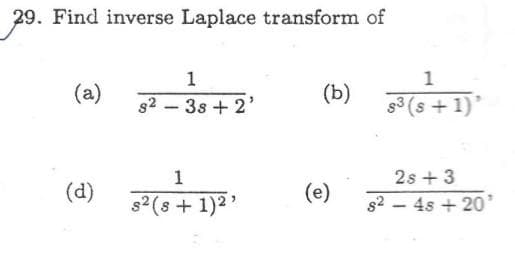 29.
29. Find inverse Laplace transform of
1
(a)
32
s? - 3s + 2
(b)
1
s2 (s + 1)2:
(d)
(e)
1
s3 (s + 2)
2s - 3
s? - 4s - 201