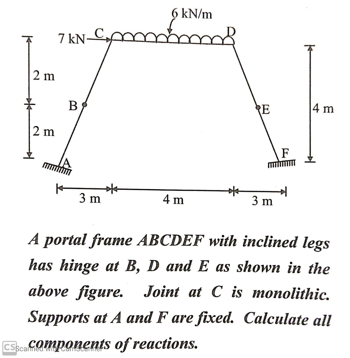 2 m
7 kN-
B
6 kN/m
RE
F
2 m
4 m
3 m
3 m
A portal frame ABCDEF with inclined legs
has hinge at B, D and E as shown in the
above figure. Joint at C is monolithic.
Supports at A and F are fixed. Calculate all
CSScaComponents of reactions.
4 m
+