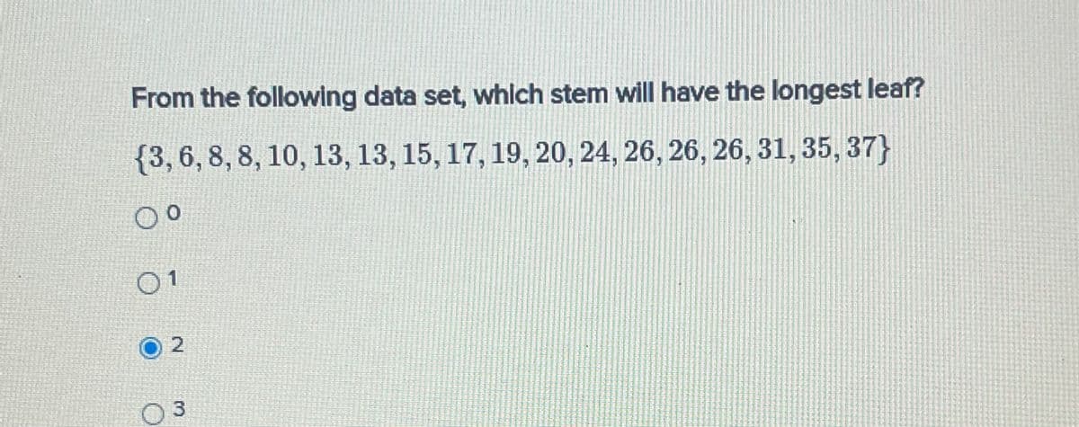 From the following data set, which stem will have the longest leaf?
(3, 6, 8, 8, 10, 13, 13, 15, 17, 19, 20, 24, 26, 26, 26, 31, 35, 37}
00
01
02
3