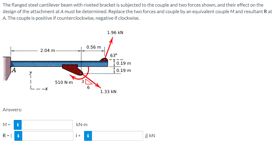 The flanged steel cantilever beam with riveted bracket is subjected to the couple and two forces shown, and their effect on the
design of the attachment at A must be determined. Replace the two forces and couple by an equivalent couple M and resultant R at
A. The couple is positive if counterclockwise, negative if clockwise.
1.96 kN
0.56 m
2.04 m-
63°
10.19 m
0.19 m
A
510 N-m
L--x
1.33 kN
