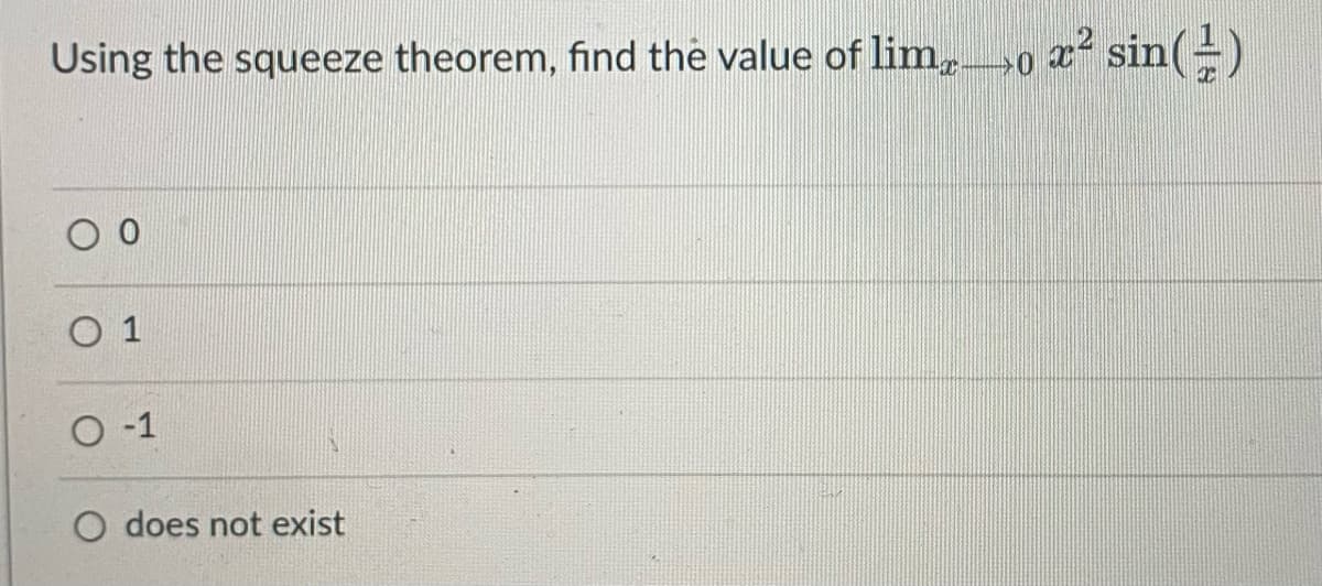 Using the squeeze theorem, find the value of lim,0
a² sin(-)
O 1
O -1
O does not exist
