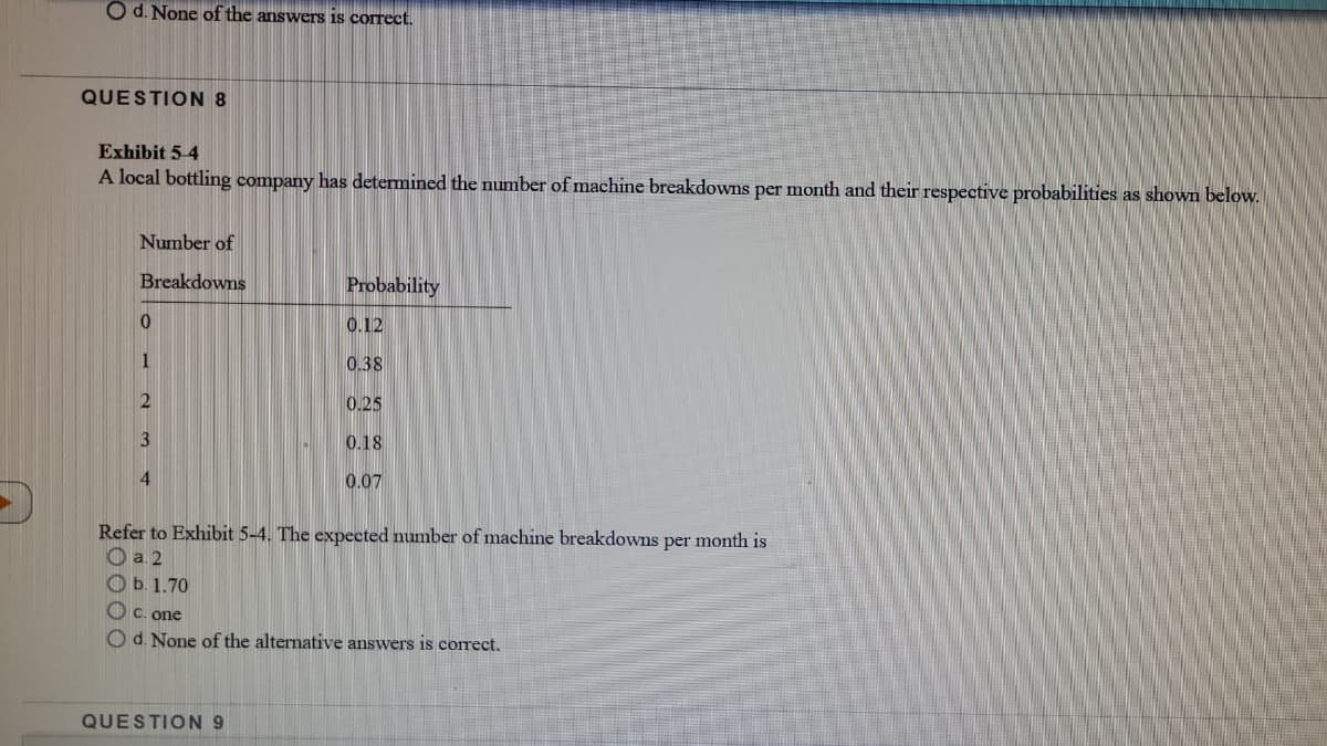 O d. None of the answers is correct.
QUESTION 8
Exhibit 5-4
A local bottling company has determined the number of machine breakdowns per month and their respective probabilities as shown below.
Number of
Breakdowns
Probability
0.12
1
0.38
0.25
0.18
4
0.07
Refer to Exhibit 5-4. The expected number of machine breakdowns per month is
O a. 2
O b. 1.70
O c. one
O d. None of the alternative answers is correct.
QUESTION 9
