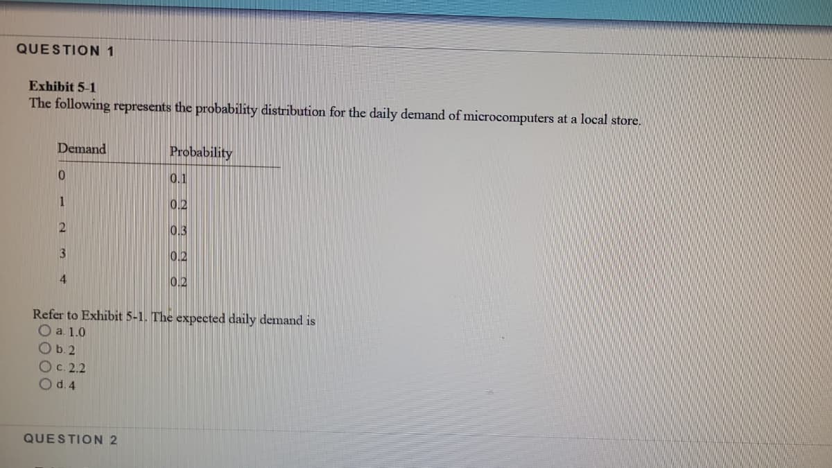 QUESTION 1
Exhibit 5-1
The following represents the probability distribution for the daily demand of microcomputers at a local store.
Demand
Probability
0.1
1
0.2
0.3
0.2
4
0.2
Refer to Exhibit 5-1. The expected daily demand is
O a. 1.0
O b. 2
Ос 2.2
O d. 4
QUESTION 2
