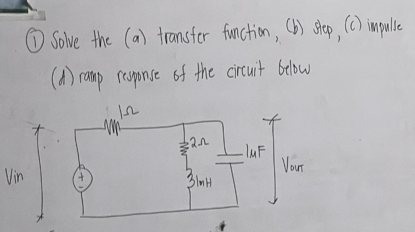 Vin
Solve the (a) transfer function, (b) step, (c) impulse
(d) ramp response of the circuit below
12
MM
22
31mH
-IMF
VouT