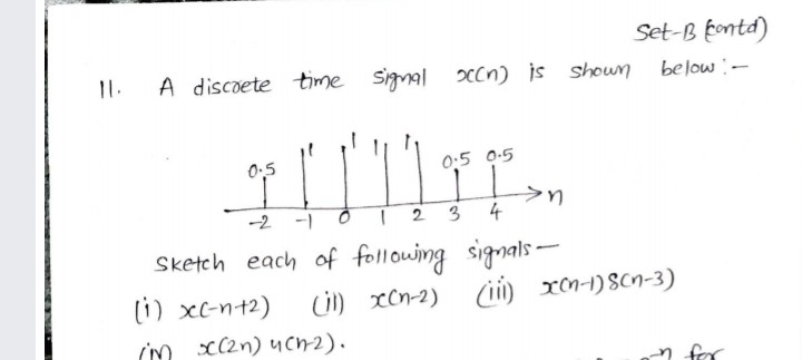 Set-B fontd)
1.
A discoete time signal xcn) is shoun
0:5
0:5 0-5
-2 -1
4
Sketch each of following signals -
(i) xc-n+2)
i) xCn-2)
(ii) xon-1)8Cn-3)
in c(2n) ycn2).
n for
