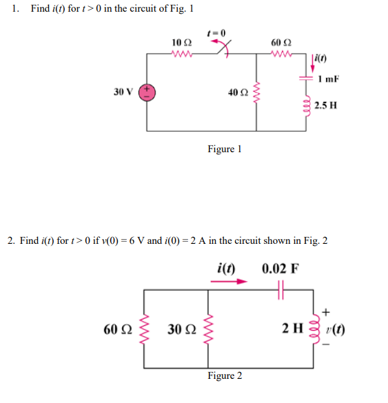 1. Find i(f) for t> 0 in the circuit of Fig. 1
10Ω
60 Ω
ww-
ww
I mF
30 V
40 Ω
2.5 H
Figure 1
2. Find i(t) for t>0 if v(0) = 6 V and i(0) = 2 A in the circuit shown in Fig. 2
i(t)
0.02 F
60 Ω
30 Q
2 H
v(t)
Figure 2
