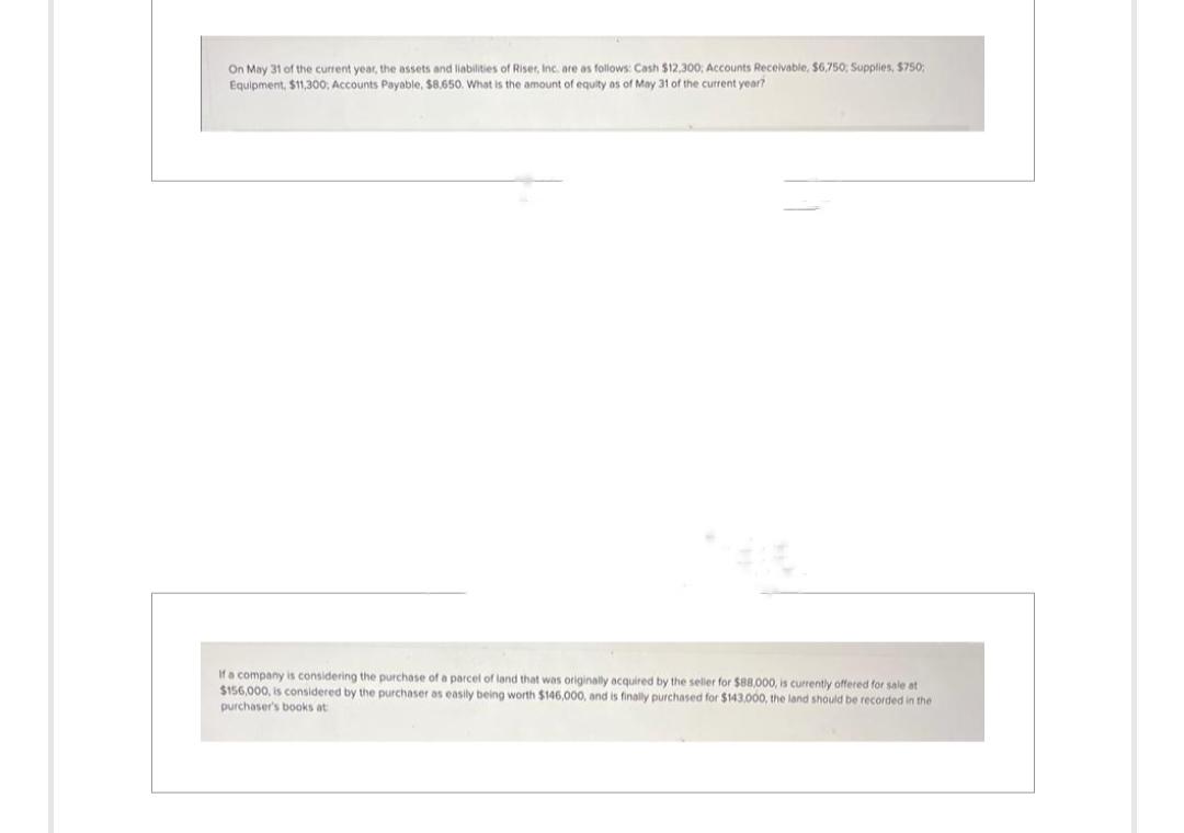 On May 31 of the current year, the assets and liabilities of Riser, Inc. are as follows: Cash $12,300; Accounts Receivable, $6,750; Supplies, $750;
Equipment, $11,300, Accounts Payable, $8,650. What is the amount of equity as of May 31 of the current year?
If a company is considering the purchase of a parcel of I that was originally acquired by the seller f r $88,000, is currently offered for sale at
$156,000, is considered by the purchaser as easily being worth $146,000, and is finally purchased for $143,000, the land should be recorded in the
purchaser's books at