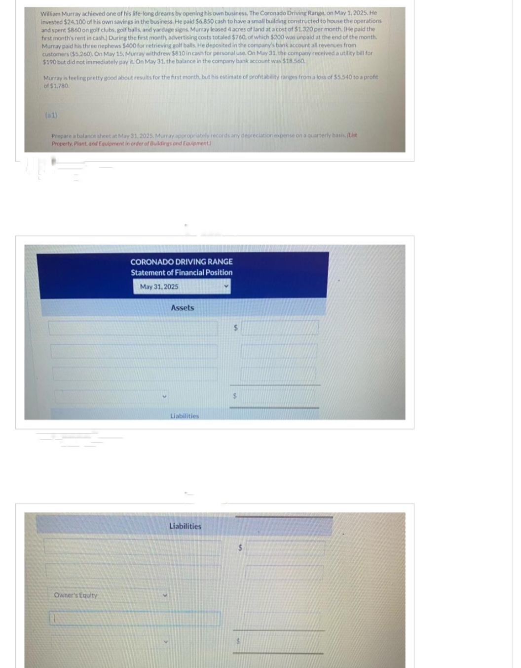 William Murray achieved one of his life-long dreams by opening his own business. The Coronado Driving Range, on May 1, 2025. He
invested $24,100 of his own savings in the business. He paid $6,850 cash to have a small building constructed to house the operations
and spent $860 on golf clubs, golf balls, and yardage signs. Murray leased 4 acres of land at a cost of $1,320 per month. (He paid the
first month's rent in cash.) During the first month, advertising costs totaled $760, of which $200 was unpaid at the end of the month.
Murray paid his three nephews $400 for retrieving golf balls. He deposited in the company's bank account all revenues from
customers ($5,260). On May 15, Murray withdrew $810 in cash for personal use. On May 31, the company received a utility bill for
$190 but did not immediately pay it. On May 31, the balance in the company bank account was $18.560.
Murray is feeling pretty good about results for the first month, but his estimate of profitability ranges from a loss of $5.540 to a profit
of $1.780.
(a1)
Prepare a balance sheet at May 31, 2025. Murray appropriately records any depreciation expense on a quarterly basis. (List
Property, Plant, and Equipment in order of Buildings and Equipment.)
Owner's Equity
CORONADO DRIVING RANGE
Statement of Financial Position
May 31, 2025
Assets
Liabilities
Liabilities
$
$