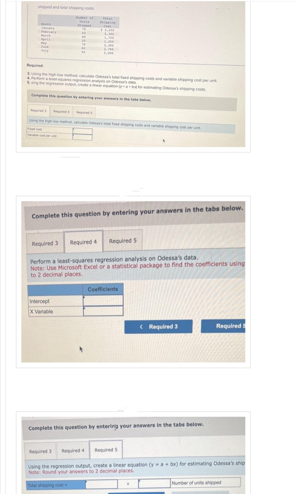 shipped and total shipping costs:
Number of
Units
Shipped
75
60
40
20
70
80
50
Month
January
February
March
April
May
June
July
Required:
3. Using the high-low method, calculate Odessa's total fixed shipping costs and variable shipping cost per unit.
4. Perform a least-squares regression analysis on Odessa's data.
5. sing the regression output, create a linear equation (y= a + bx) for estimating Odessa's shipping costs.
Complete this question by entering your answers in the tabs below.
Required 3 Required 4
Total
Shipping
Cost
$3,250
2,300
1,700
1,200
2,300
2,700
2,000
Required 5
Using the high-low method, calculate Odessa's total fixed shipping costs and variable shipping cost per unit.
Fixed cost
Variable cost per unit
Complete this question by entering your answers in the tabs below.
Required 3 Required 4 Required 5
Intercept
X Variable
Perform a least-squares regression analysis on Odessa's data.
Note: Use Microsoft Excel or a statistical package to find the coefficients using
to 2 decimal places.
Required 3 Required 4
Coefficients
Complete this question by entering your answers in the tabs below.
< Required 3
Required 5
Required 5
Using the regression output, create a linear equation (y = a + bx) for estimating Odessa's ship
Note: Round your answers to 2 decimal places.
Total shipping cost =
Number of units shipped