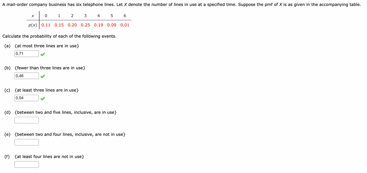 A mail-order company business has six telephone lines. Let X denote the number of lines in use at a specified time. Suppose the pmf of X is as given in the accompanying table.
1
2
3
4
6
p(x) | 0.11
0.15 0.20 0.25 0.19 0.09 0.01
Calculate the probability of each of the following events.
(a)
{at most three lines are in use}
0.71
(b)
{fewer than three lines are in use}
0.46
(c)
{at least three lines are in use}
0.54
(d)
{between two and five lines, inclusive, are in use}
(e)
{between two and four lines, inclusive, are not in use}
(f)
{at least four lines are not in use}
