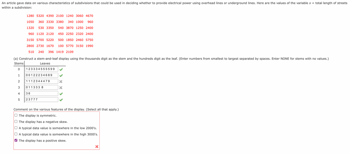 An article gave data on various characteristics of subdivisions that could be used in deciding whether to provide electrical power using overhead lines or underground lines. Here are the values of the variable x = total length of streets
within a subdivision:
1280 5320 4390 2100 1240 3060 4670
1050
360 3330 3380
340 1000
960
1320
530 3350
540 3870 1250 2400
960 1120 2120
450 2250 2320 2400
3150 5700 5220
500 1850 2460 5750
2800 2730 1670
100 5770 3150 1990
510
240
396 1419 2109
(a) Construct a stem-and-leaf display using the thousands digit as the stem and the hundreds digit as the leaf. (Enter numbers from smallest to largest separated by spaces. Enter NONE for stems with no values.)
Stems
Leaves
1233345 55599
0012223 4 6 8 9
2
1112344479
011333 8
4
36
23777
Comment on the various features of the display. (Select all that apply.)
The display is symmetric.
The display has a negative skew.
O A typical data value is somewhere in the low 2000's.
A typical data value is somewhere in the high 3000's.
The display has a positive skew.

