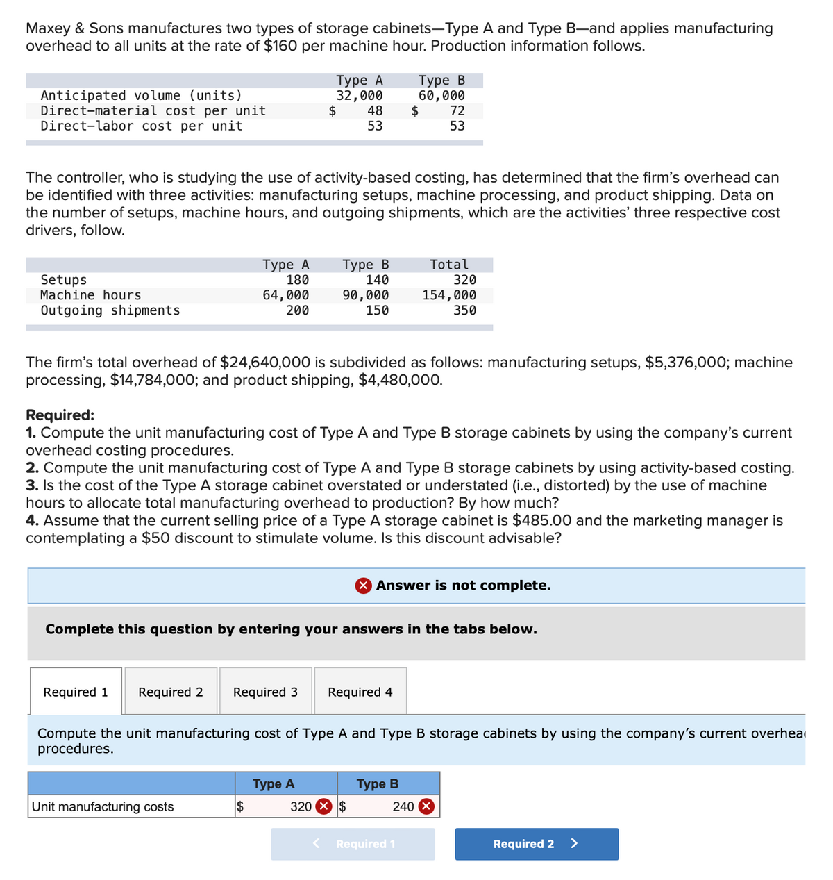 Maxey & Sons manufactures two types of storage cabinets-Type A and Type B-and applies manufacturing
overhead to all units at the rate of $160 per machine hour. Production information follows.
Anticipated volume (units)
Direct-material cost per unit
Direct-labor cost per unit
Setups
Machine hours
Outgoing shipments
The controller, who is studying the use of activity-based costing, has determined that the firm's overhead can
be identified with three activities: manufacturing setups, machine processing, and product shipping. Data on
the number of setups, machine hours, and outgoing shipments, which are the activities' three respective cost
drivers, follow.
Type A
180
64,000
200
Required 1 Required 2
Type A
32,000
Unit manufacturing costs
$
Required 3
$
The firm's total overhead of $24,640,000 is subdivided as follows: manufacturing setups, $5,376,000; machine
processing, $14,784,000; and product shipping, $4,480,000.
48 $
53
Type B
140
90,000
150
Required:
1. Compute the unit manufacturing cost of Type A and Type B storage cabinets by using the company's current
overhead costing procedures.
2. Compute the unit manufacturing cost of Type A and Type B storage cabinets by using activity-based costing.
3. Is the cost of the Type A storage cabinet overstated or understated (i.e., distorted) by the use of machine
hours to allocate total manufacturing overhead to production? By how much?
4. Assume that the current selling price of a Type A storage cabinet is $485.00 and the marketing manager is
contemplating a $50 discount to stimulate volume. Is this discount advisable?
Type A
Complete this question by entering your answers in the tabs below.
Type B
60,000
Required 4
320 X $
72
53
Compute the unit manufacturing cost of Type A and Type B storage cabinets by using the company's current overhea
procedures.
Total
320
154,000
350
Answer is not complete.
Type B
< Required 1
240 X
Required 2 >