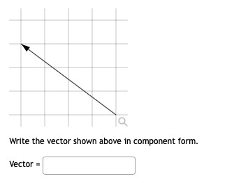 The image shows a grid with a vector represented by a diagonal arrow pointing from the origin downward and to the right. The vector starts at the origin (0,0) and extends to the point (-3, 2) on the grid. 

**Instructions:**
Write the vector shown above in component form.

**Input Box:**
Vector = [____]

**Explanation:**
To express the vector in component form, identify the change in the x-direction and the y-direction. The vector moves 3 units to the left and 2 units upwards from its starting point (0,0). Therefore, the component form of the vector is (-3, 2).