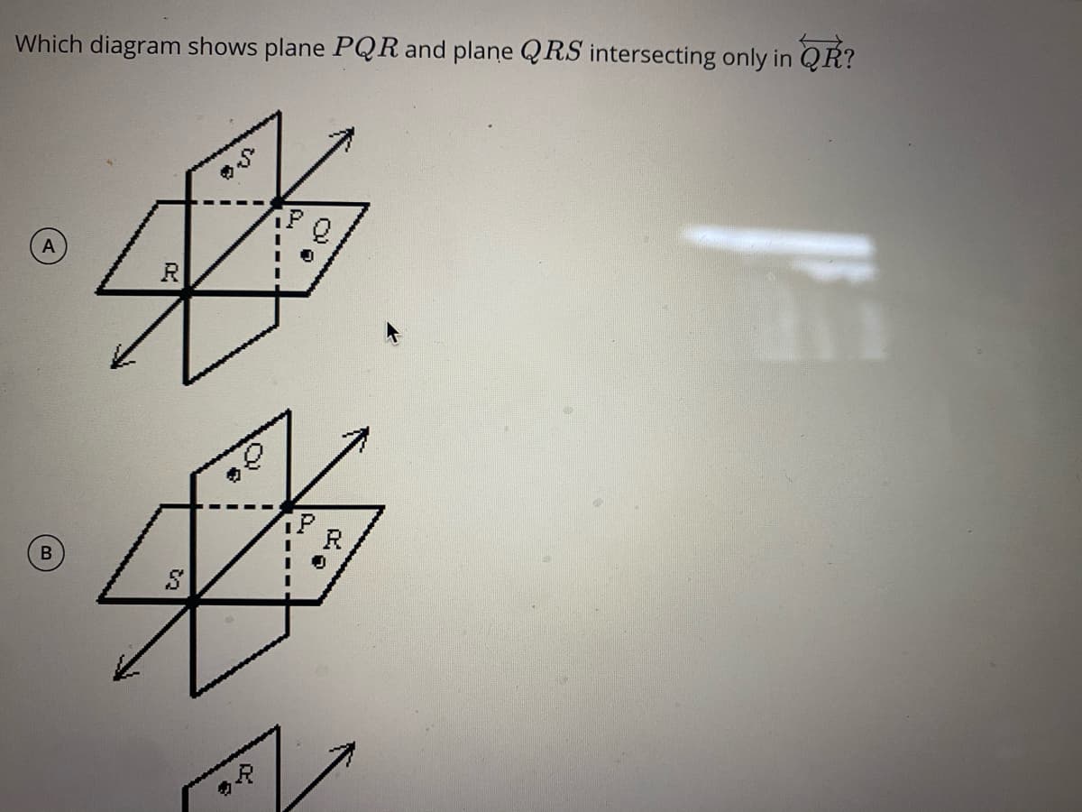 Which diagram shows plane PQR and plane QRS intersecting only in QR?
R
B.
