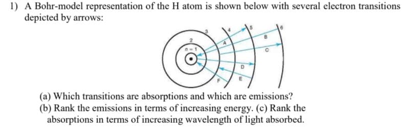 1) A Bohr-model representation of the H atom is shown below with several electron transitions
depicted by arrows:
(a) Which transitions are absorptions and which are emissions?
(b) Rank the emissions in terms of increasing energy. (c) Rank the
absorptions in terms of increasing wavelength of light absorbed.
